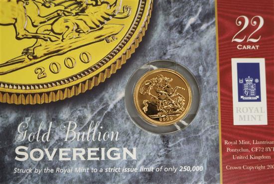 A 2000 gold full sovereign, in original packet.
